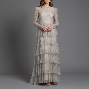 ANTONIO MELANI Metallic Lace Ruffled Maxi Gown Size 4